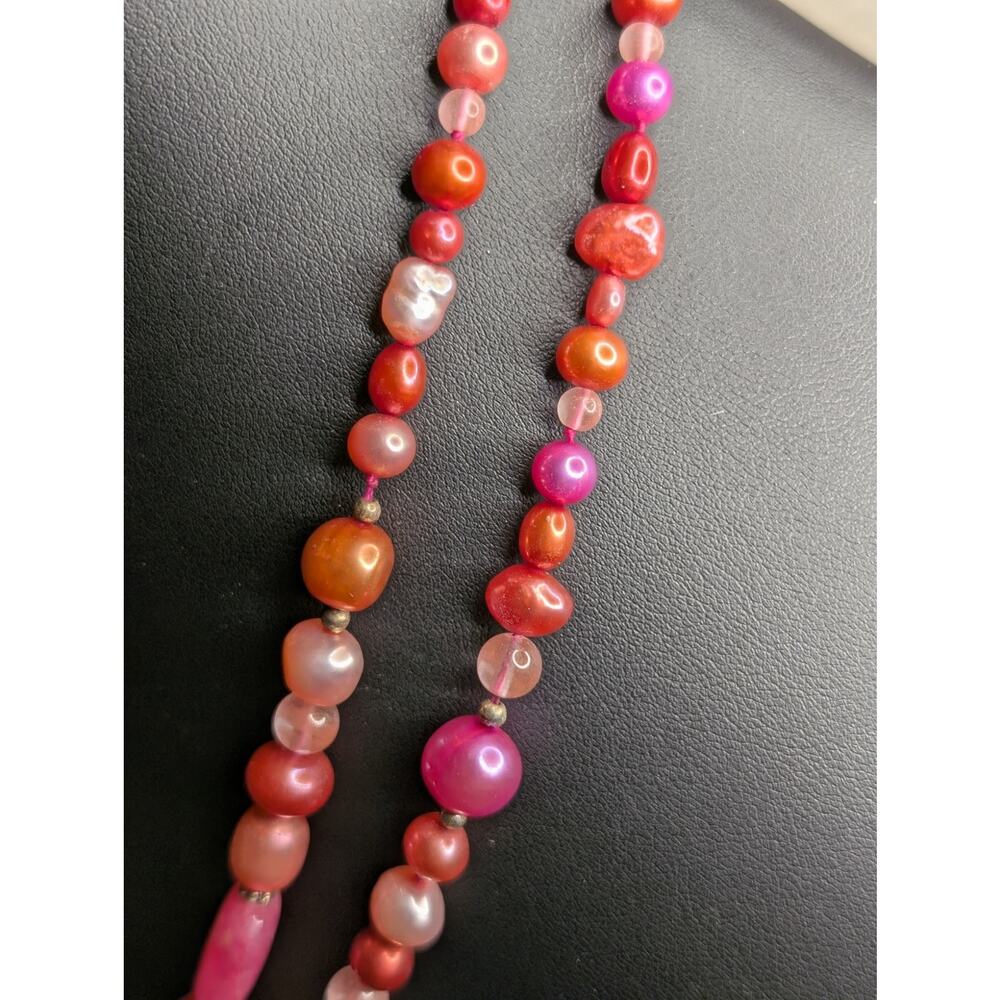 Double Strand Multi-Color Pearl Fuchsia Pink Rhodochrosite Pendant Necklace - Picture 6 of 11